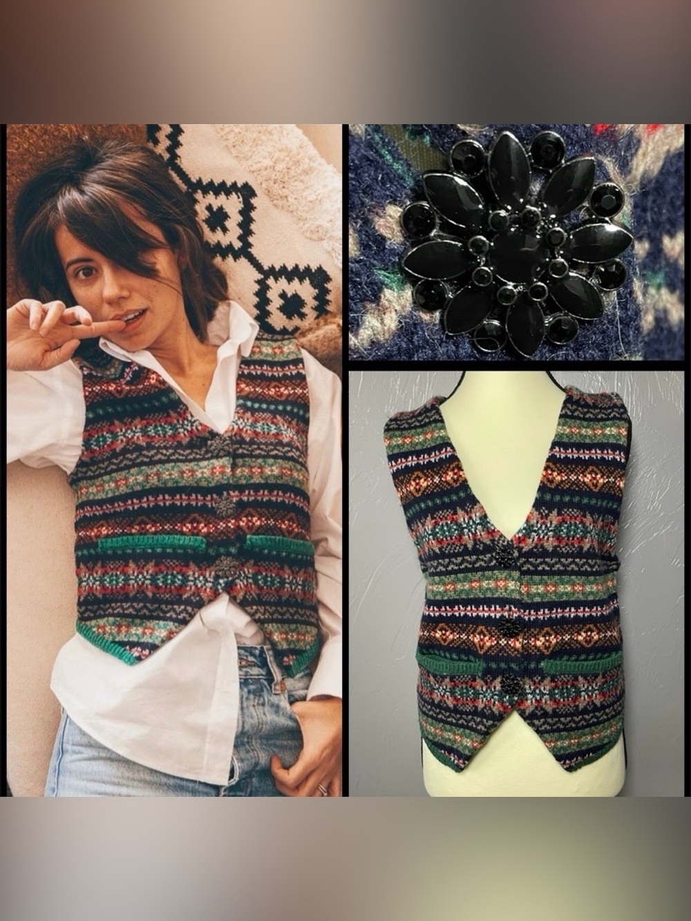 Zara Fair Isle Knit Sweater Vest Multicolor Jacquard Wool Blend Jewel Buttons😍